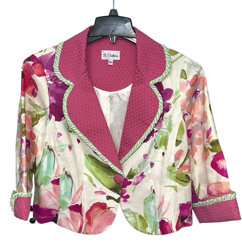 3 Sisters Floral Cropped Jacket‎ S Colorful Pink Green Poet Collar 100% Linen